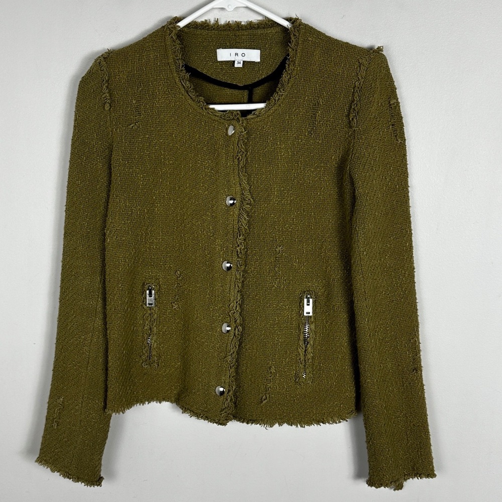 IRO Paris Agnette Jacket Green Womens Size 34 French US Sz 2 Full Zip Cotton‎ XS - Picture 2 of 11